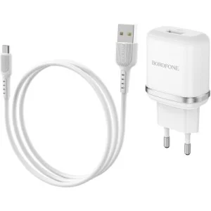 Зарядное устройство BOROFONE BA36A High Speed USB QC3.0 + cable USB to Micro 5P 18W White (6931474715999)