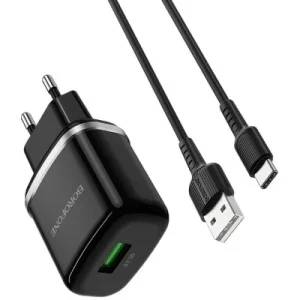 Зарядное устройство BOROFONE BA36A High Speed USB QC3.0 + cable USB to USB-C 18W Black (6931474716002)