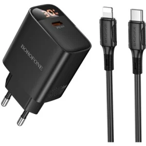 Зарядний пристрій BOROFONE BA97A Ilustre USB-C PD30W digital display + cable USB-C to Lightning Black (6941991120497)