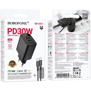 Зарядний пристрій BOROFONE BA98A Ilustre 2xUSB-C + 1xUSB-A PD30W digital display + cable USB-C to USB-C Black (6941991120534)
