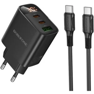 Зарядний пристрій BOROFONE BA98A Ilustre 2xUSB-C + 1xUSB-A PD30W digital display + cable USB-C to USB-C Black (6941991120534)
