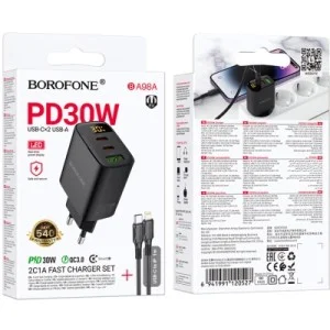 Зарядний пристрій BOROFONE BA98A Ilustre 2xUSB-C + 1xUSB-A PD30W digital display + cable USB-C to Lightning Black (6941991120527)