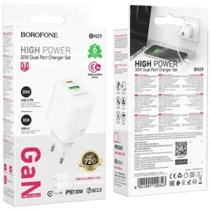 Зарядний пристрій BOROFONE BN29 Fuente 1xUSB-C PD30W + 1xUSB QC3.0 White (6941991120329)