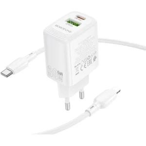 Зарядний пристрій BOROFONE BN29 Fuente 1xUSB-C PD30W + 1xUSB QC3.0 + cable USB-C to Lightning White (6941991120336)