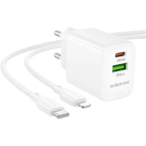 Зарядний пристрій BOROFONE BN29 Fuente 1xUSB-C PD30W + 1xUSB QC3.0 + cable USB-C to Lightning White (6941991120336)