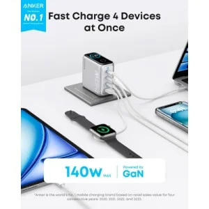 Зарядний пристрій Anker Laptop GaN 140W 3xUSB-C PD3.1 + USB-A + display + cable Silver (B2697G41)