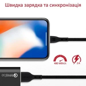 Дата кабель USB 2.0 AM to Lightning 1.2m 2A black Promate (powerbeam-i.black)