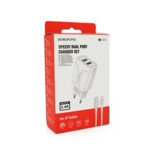 Зарядний пристрій BOROFONE 2xUSB + cable USB to Lightning 2.4A 1.0m white (BA37ALW)